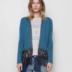 Zadig & Voltaire Marla Cashmere/ Leather Fringe Cardigan Boho Rock